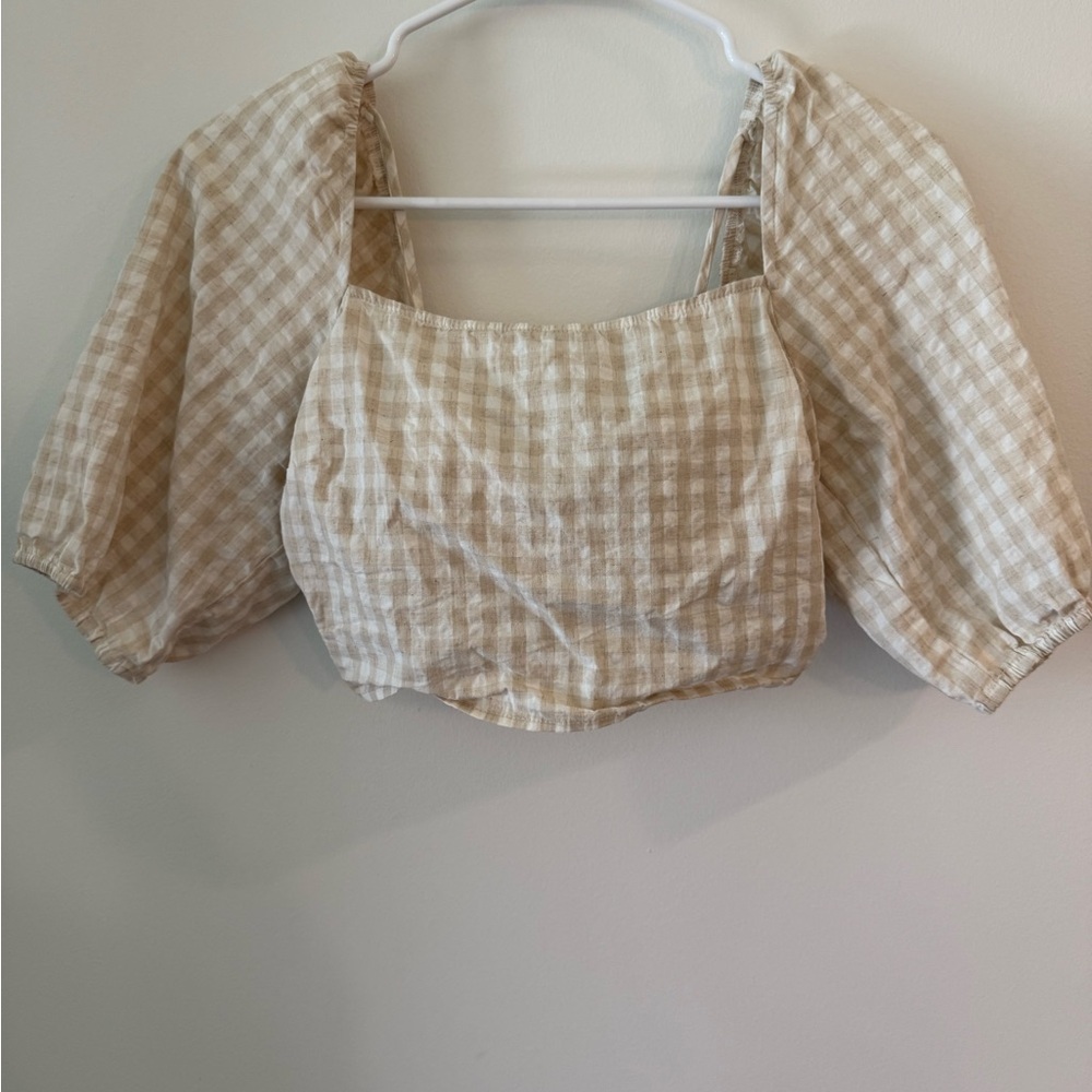 H&M Beige Gingham Square-Neck Puff Sleeve Crop Top